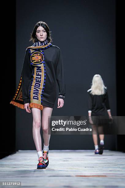 Model walks the runway at the David Delfin show during the Mercedes-Benz Madrid Fashion Week Autumn/Winter 2016/2017 at Ifema on February 19, 2016 in...