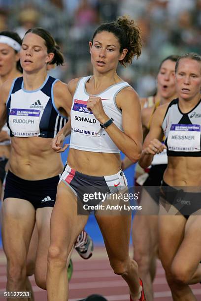 Sarah Schwald of Nike competes in the 1500 Meter Run during the U.S. Olympic Team Track & Field Trials on July 16, 2004 at the Alex G. Spanos Sports...