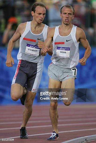 Michael Stember of Nike and Alan Webb of Nike compete in the 1500 Meter Run during the U.S. Olympic Team Track & Field Trials on July 16, 2004 at the...