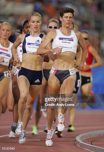 Marla Runyan of Nike and Carrie Tollefson of Adidas compete in the 1500 Meter Run during the U.S. Olympic Team Track & Field Trials on July 16, 2004...