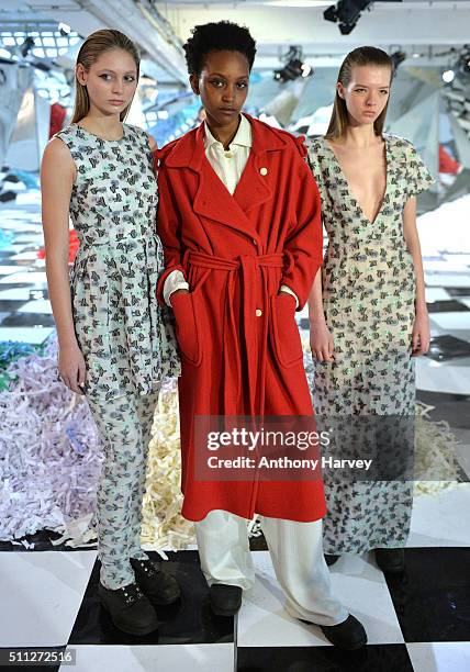 Models pose at the Edeline Lee presentation at On|Off during London Fashion Week Autumn/Winter 2016/17 at On|Off on February 19, 2016 in London,...