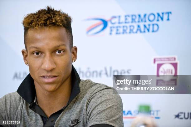 Pole vaulter Raphael Holzdeppe looks on during a press conference for the " All Star Perche " weekend at the Sports House in Clermont-Ferrand on...