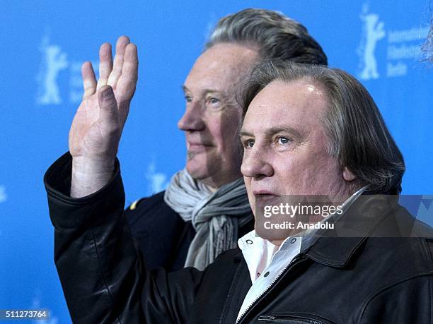French director Benoit Delepine and French actor Gerard Depardieu attend the 'Saint Amour' photo call during the 66th Berlinale International Film...