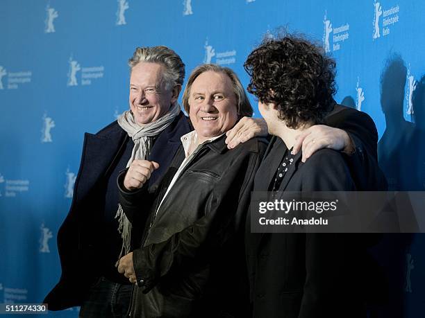 Director Benoit Delepine, actor Gerard Depardieu, director Gustave Kervern and actor Vincent Lacoste attend the 'Saint Amour' photo call during the...