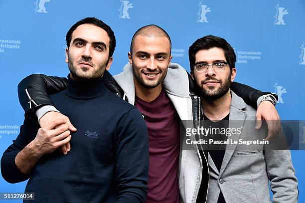 Actors Homayoun Ghanizadeh, Amir Jadidi and Ehsan Goudarzi attend the 'A Dragon Arrives!' photo call during the 66th Berlinale International Film...