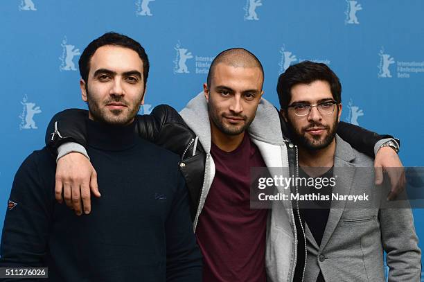 Actors Homayoun Ghanizadeh, Amir Jadidi and Ehsan Goudarzi attend the 'A Dragon Arrives!' photo call during the 66th Berlinale International Film...