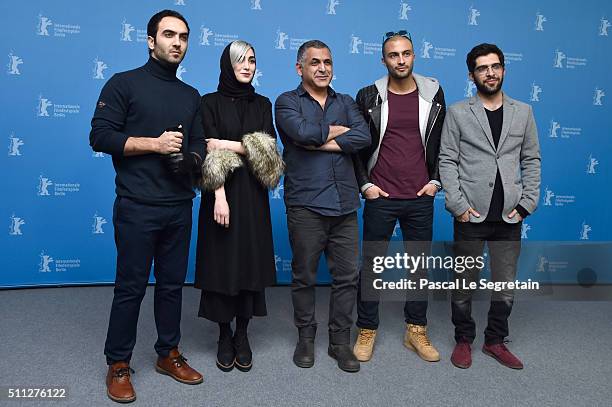 Actors Homayoun Ghanizadeh and Kiana Tajammol, director Mani Haghighi, actors Amir Jadidi and Ehsan Goudarzi attend the 'A Dragon Arrives!' photo...