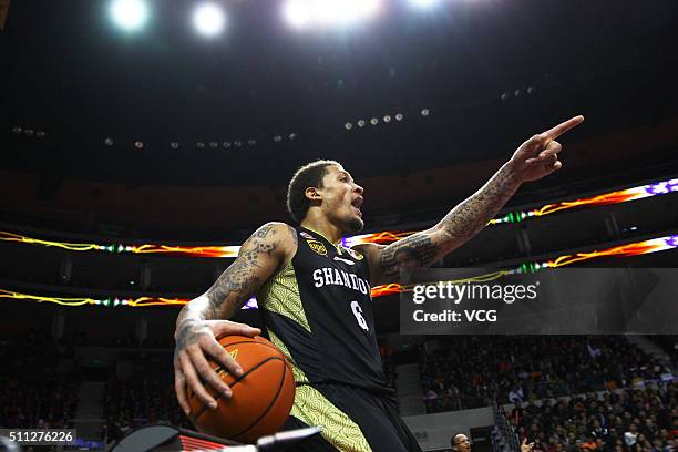 Michael Beasley of Shandong Golden Stars reacts during the Chinese Basketball Association 15/16 season play-off quarter-final match between Guangdong...