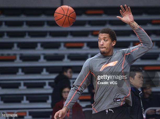 Michael Beasley of Shandong Golden Stars warms up prior to the Chinese Basketball Association 15/16 season play-off quarter-final match between...