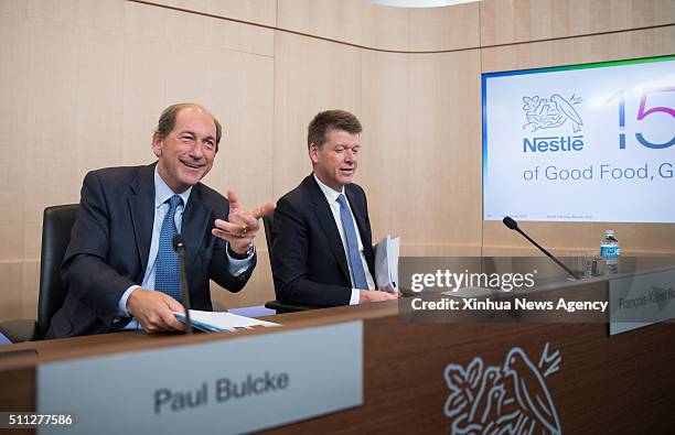 Feb. 18, 2016 -- CEO of Nestle Paul Bulcke, left, speaks during a press conference held at the company's headquarters in Vevey, Switzerland, on Feb....