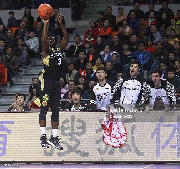Eugene Jeter of Shandong Golden Stars shoots the ball during the Chinese Basketball Association 15/16 season play-off quarter-final match between...