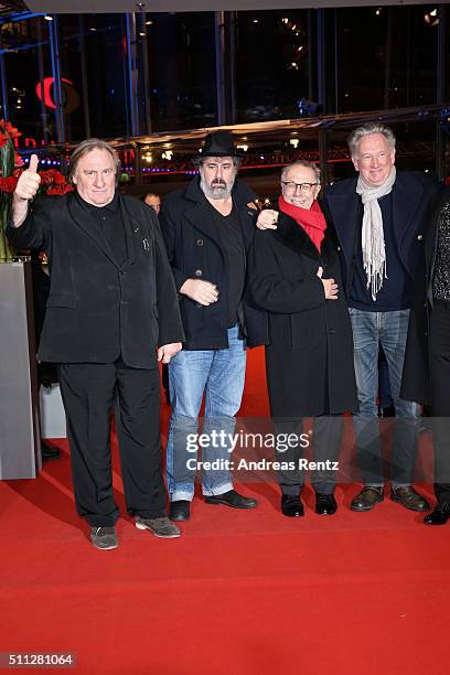 Actor Gerard Depardieu,Director Gustave Kervern,Dieter Kosslick and Director Benoit Delepine attend the 'Saint Amour' premiere during the 66th...