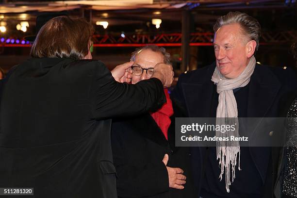 Dieter Kosslick , actor Gerard Depardieu and director Benoit Delepine joking around on the carpet prior the 'Saint Amour' premiere during the 66th...