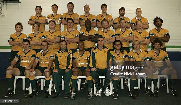 The Wallabies pose for their team photo during the Australian Wallabies Captain's Run at Subiaco Oval July 30, 2004 in Perth, Australia.