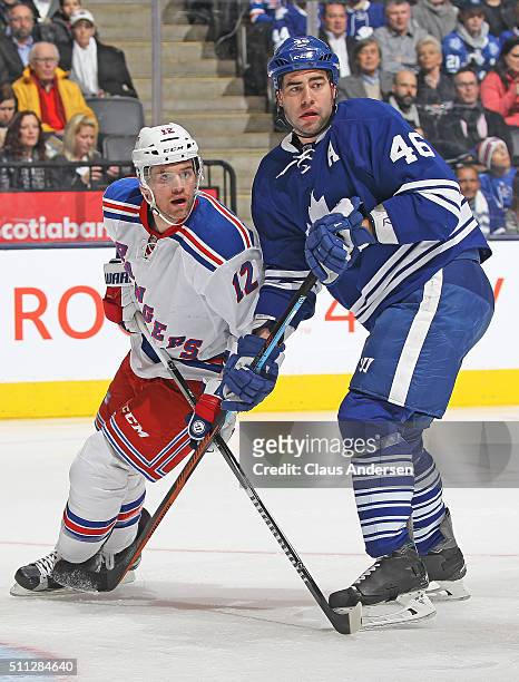 Daniel Paille of the New York Rangers skates against Roman Polak of the Toronto Maple Leafs during an NHL game at the Air Canada Centre on February...