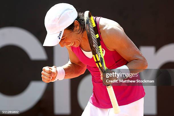 Francesca Schiavone of Italy reacts to a point while playing Cindy Burger of Netherlands during the Rio Open at Jockey Club Brasileiro on February...