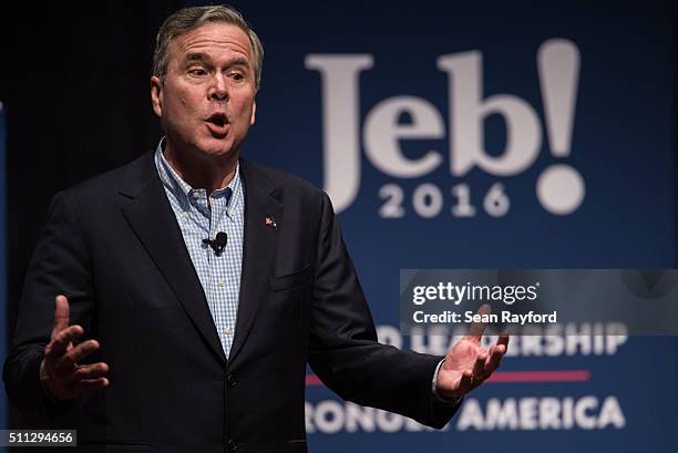 Republican presidential candidate Jeb Bush addresses the crowd at a campaign rally February 19, 2016 in Greenville, South Carolina. The South...