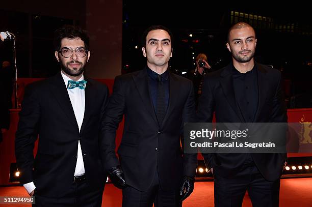 Actors Ehsan Goudarzi, Homayoun Ghanizadeh and Amir Jadidi attend the 'A Dragon Arrives!' premiere during the 66th Berlinale International Film...