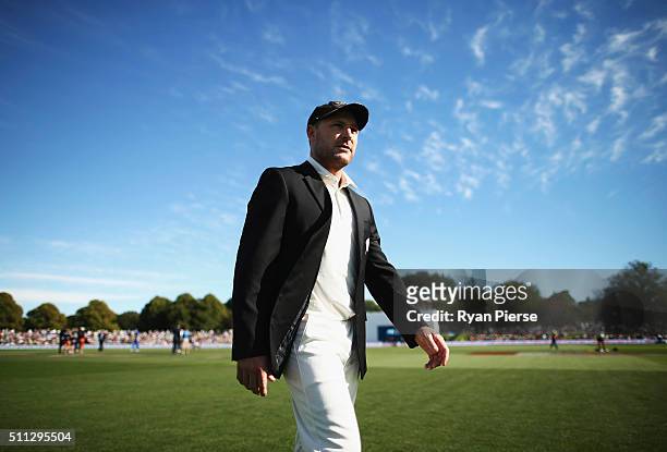Brendon McCullum of New Zealand walks off the field after his last toss of the coin during day one of the Test match between New Zealand and...