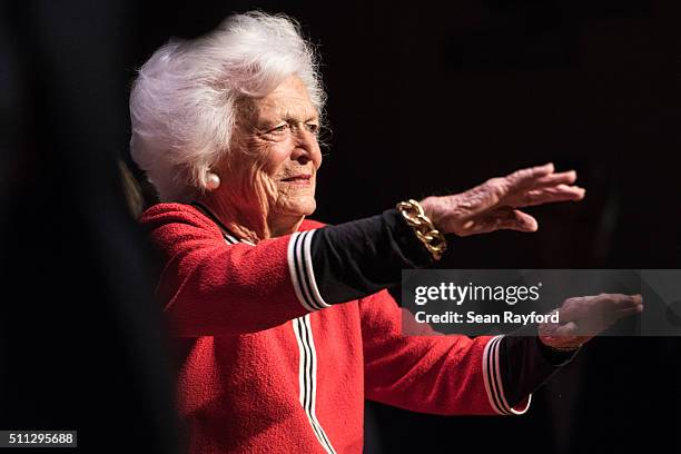 Former first lady Mrs. Barbara Bush waves to the crowd at a campaign event for her son, Republican presidential candidate Jeb Bush, February 19, 2016...