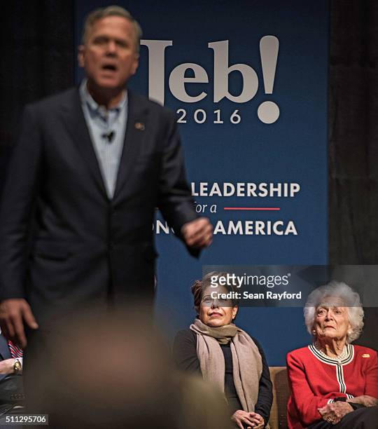 Jeb Bush's wife Columba Bush, left, and former first lady Mrs. Barbara Bush listen to Republican presidential candidate Jeb Bush at a campaign event...
