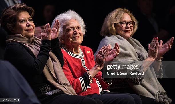 Jeb Bush's wife Columba Bush, former first lady Mrs. Barbara Bush, and Iris Campbell applaud for Republican presidential candidate Jeb Bush during a...