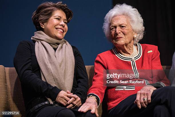 Jeb Bush's wife Columba Bush, left, and former first lady Mrs. Barbara Bush share a moment during a campaign event with Republican presidential...