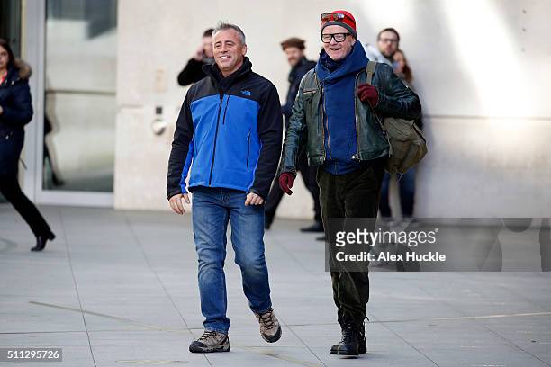 Matt Le Blanc and Chris Evans seen filming scenes for 'Top Gear' at the BBC, Portland Place on February 19, 2016 in London, England.