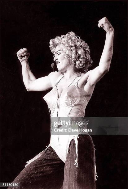 Singer Madonna performs on stage at Wembley.