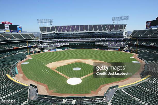 General view of the Network Associates Coliseum, home of the Oakland Athletics, on July 21, 2004 in Oakland, California.