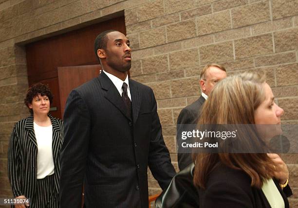 Los Angeles Lakers star Kobe Bryant along with his attorney Pamela Mackey, investigator Rivka Morgan Sherman and security Ed Killam leave the Eagle...