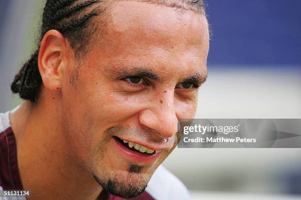 Rio Ferdinand of Manchester United in action during a training session during their 2004 USA Tour, which is taking in pre-season friendly matches in...