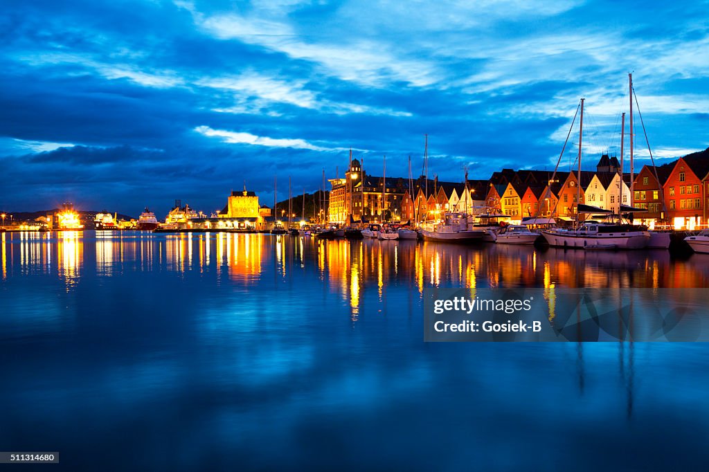 Bergen at night, panoramic view