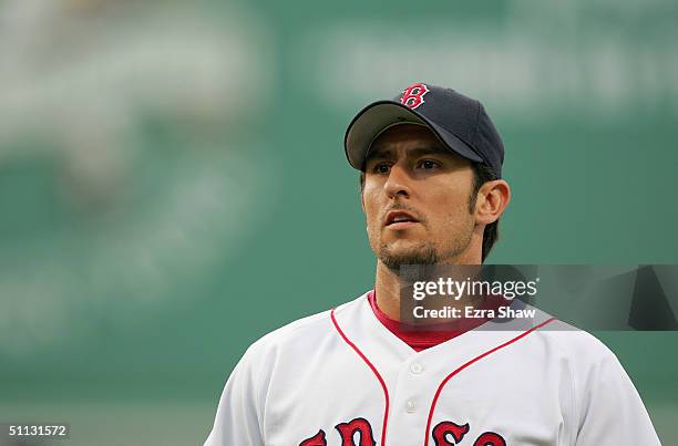 Shortstop Nomar Garciaparra of the Boston Red Sox looks on during the game against the New York Yankees at Fenway Park on July 23, 2004 in Boston,...