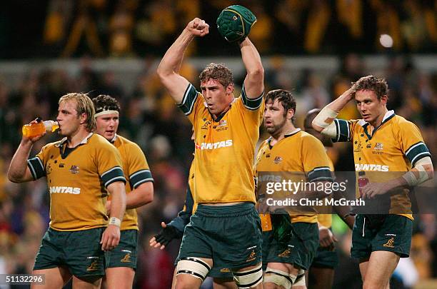 Dan Vickerman of the Wallabies celebrates victory in the Tri Nations rugby union test between the Australian Wallabies and the South African...
