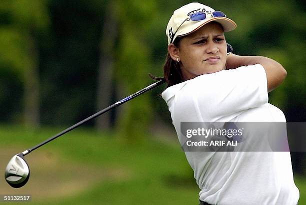 Sri Lankan Jacqieline Anysa Dias tees off from the first hole during the Ladies team trophy of the 6th South Asian Association for Regional...