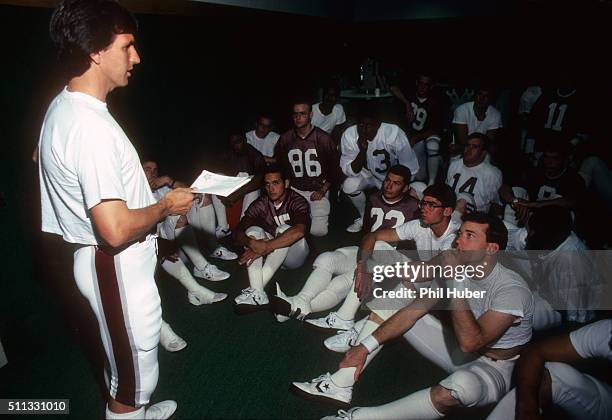 Texas A&M alum and 12th Man coach David Beal addressing team before spring game vs alumni at Kyle Field. The school is recruiting 15 walk-on players...