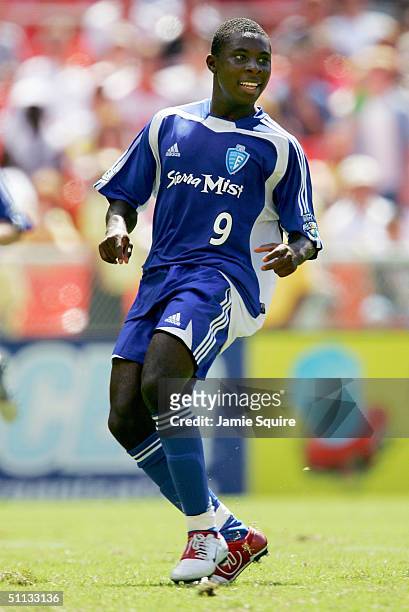 Freddy Adu of the East All-Stars in action during the Sierra Mist MLS All-Star Game at RFK Stadium on July 31, 2004 in Washington, DC. The East...