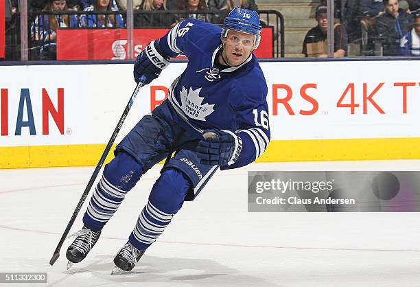 Nick Spaling of the Toronto Maple Leafs skates against the New York Rangers during an NHL game at the Air Canada Centre on February 18, 2016 in...