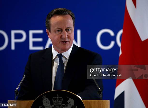 British Prime Minister David Cameron speaks at a news conference after negotiating new EU membership terms for the UK, on February 19, 2016 in...