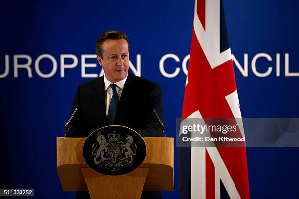 British Prime Minister David Cameron speaks at a news conference after negotiating new EU membership terms for the UK, on February 19, 2016 in...