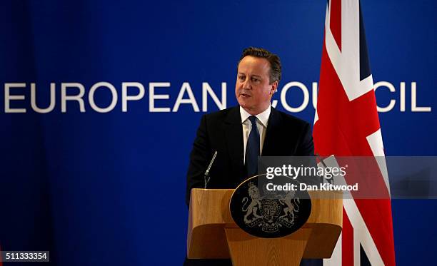 British Prime Minister David Cameron speaks at a news conference after negotiating new EU membership terms for the UK, on February 19, 2016 in...