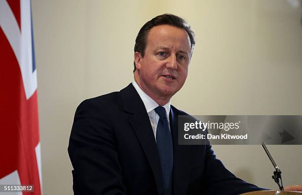 British Prime Minister David Cameron speaks at a news conference after negotiating new EU membership terms for the UK, on February 19, 2016 in...