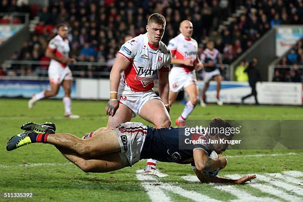 Aidan Guerra of Sydney Roosters goes over for a try during the World Club Series match between St Helens and Sydney Roosters at Langtree Park on...