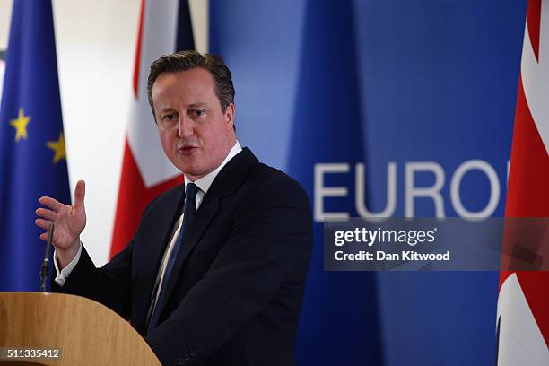 British Prime Minister David Cameron speaks at a news conference after negotiating new EU membership terms for the UK, on February 19, 2016 in...