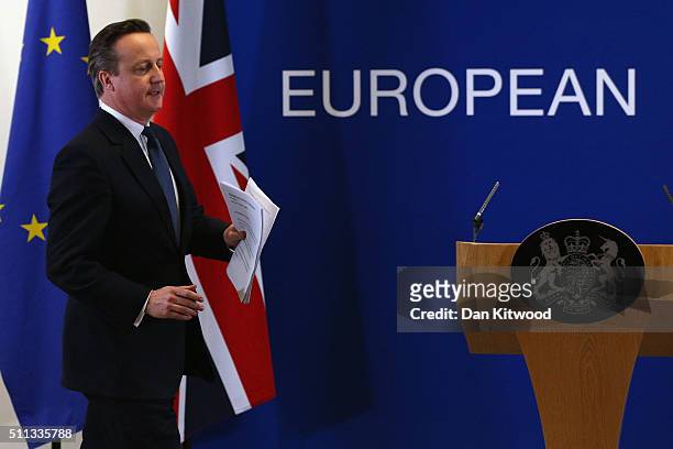 British Prime Minister David Cameron attendst a news conference after negotiating new EU membership terms for the UK, on February 19, 2016 in...