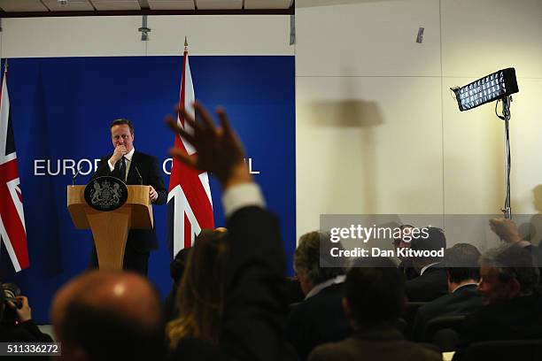 British Prime Minister David Cameron speaks at a news conference after negotiating new EU membership terms for the UK, on February 19, 2016 in...