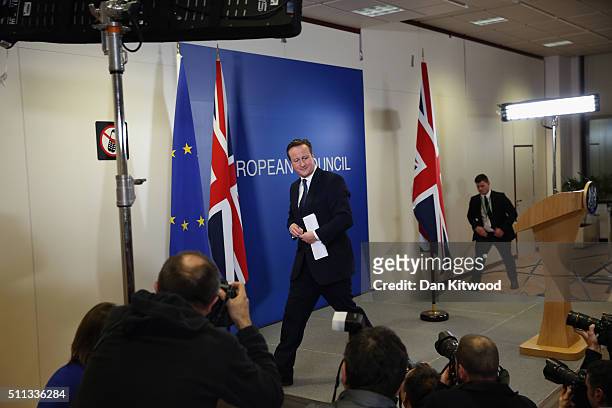 British Prime Minister David Cameron speaks at a news conference after negotiating new EU membership terms for the UK, on February 19, 2016 in...