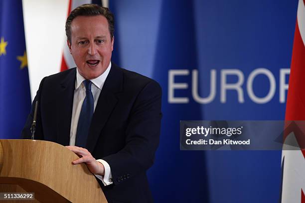 British Prime Minister David Cameron speaks at a news conference after negotiating new EU membership terms for the UK, on February 19, 2016 in...