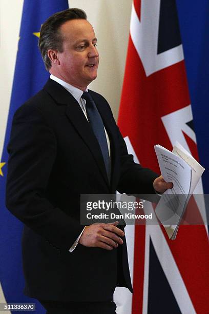 British Prime Minister David Cameron speaks at a news conference after negotiating new EU membership terms for the UK, on February 19, 2016 in...